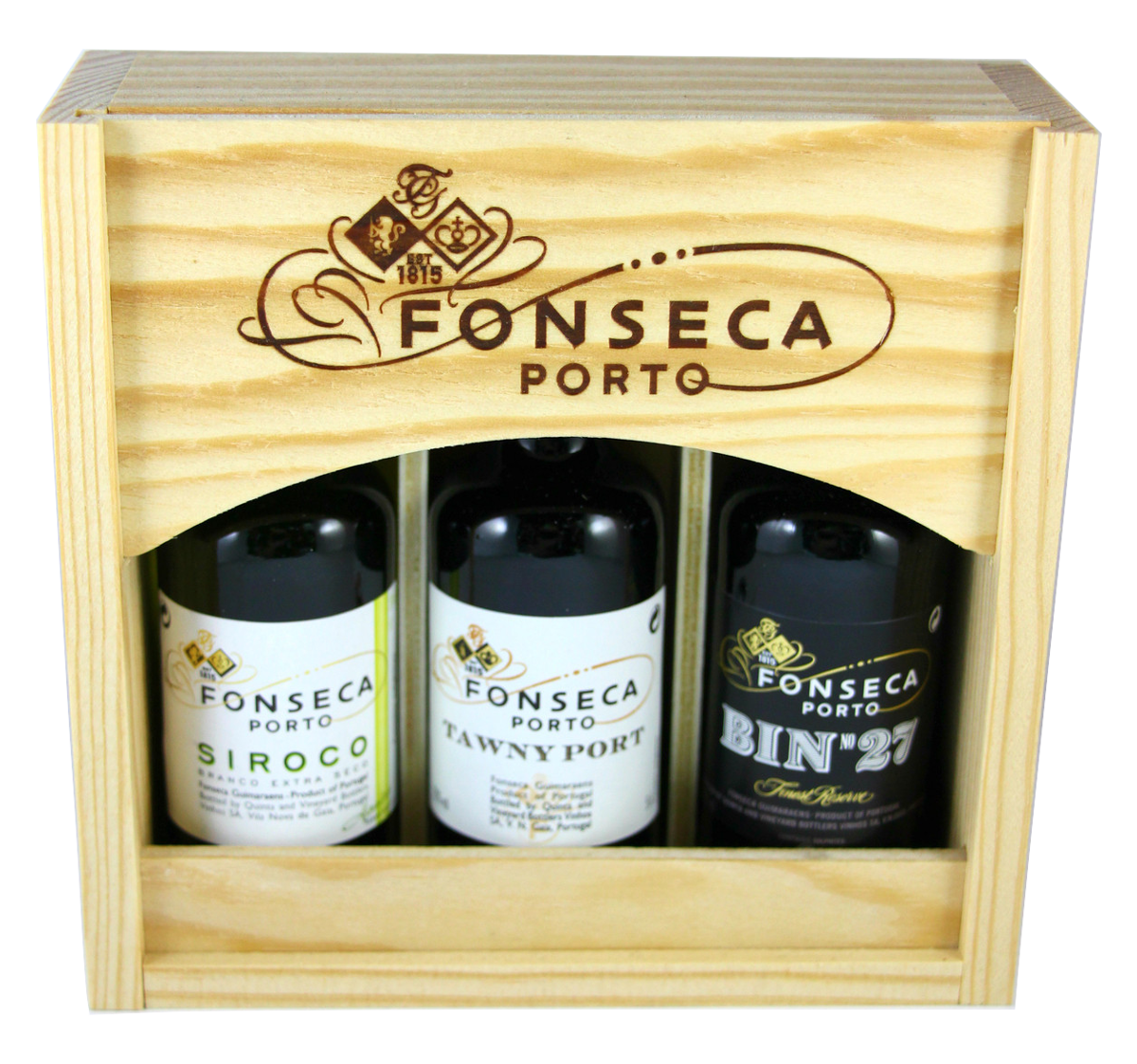 FONSECA WOOD BOX WITH 3 MINIATURES PORT WINE