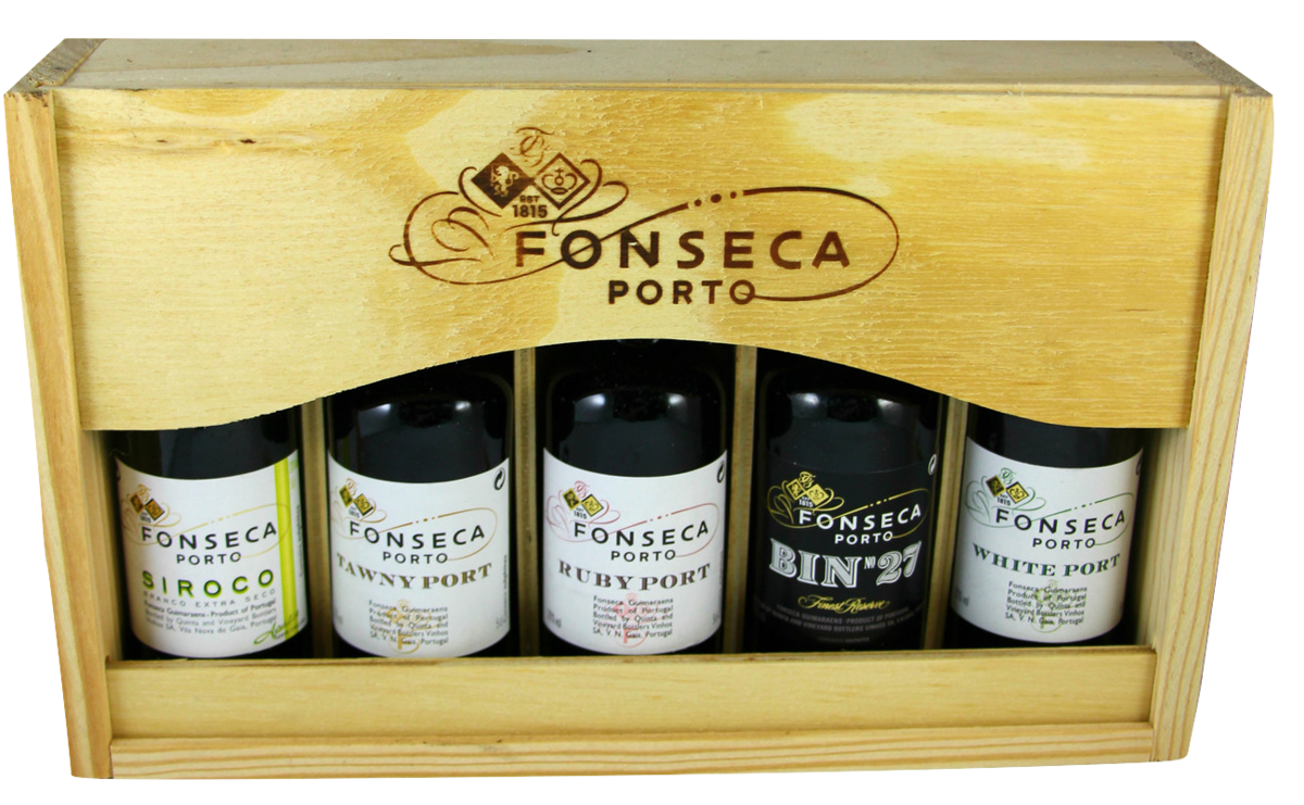 FONSECA WOOD BOX WITH 5 MINIATURES PORT WINE