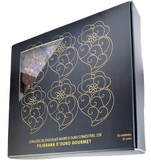 CORAÇÕES DE CHOCOLATE NEGRO COM OURO 23K (72 GR)
