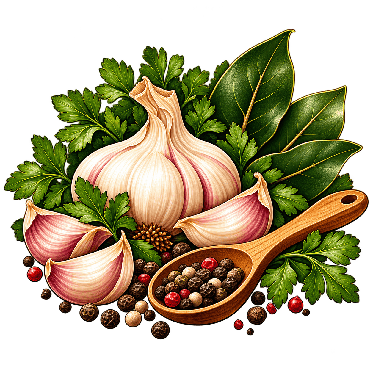 Ilustração culinária de alho, pimenta e ervas