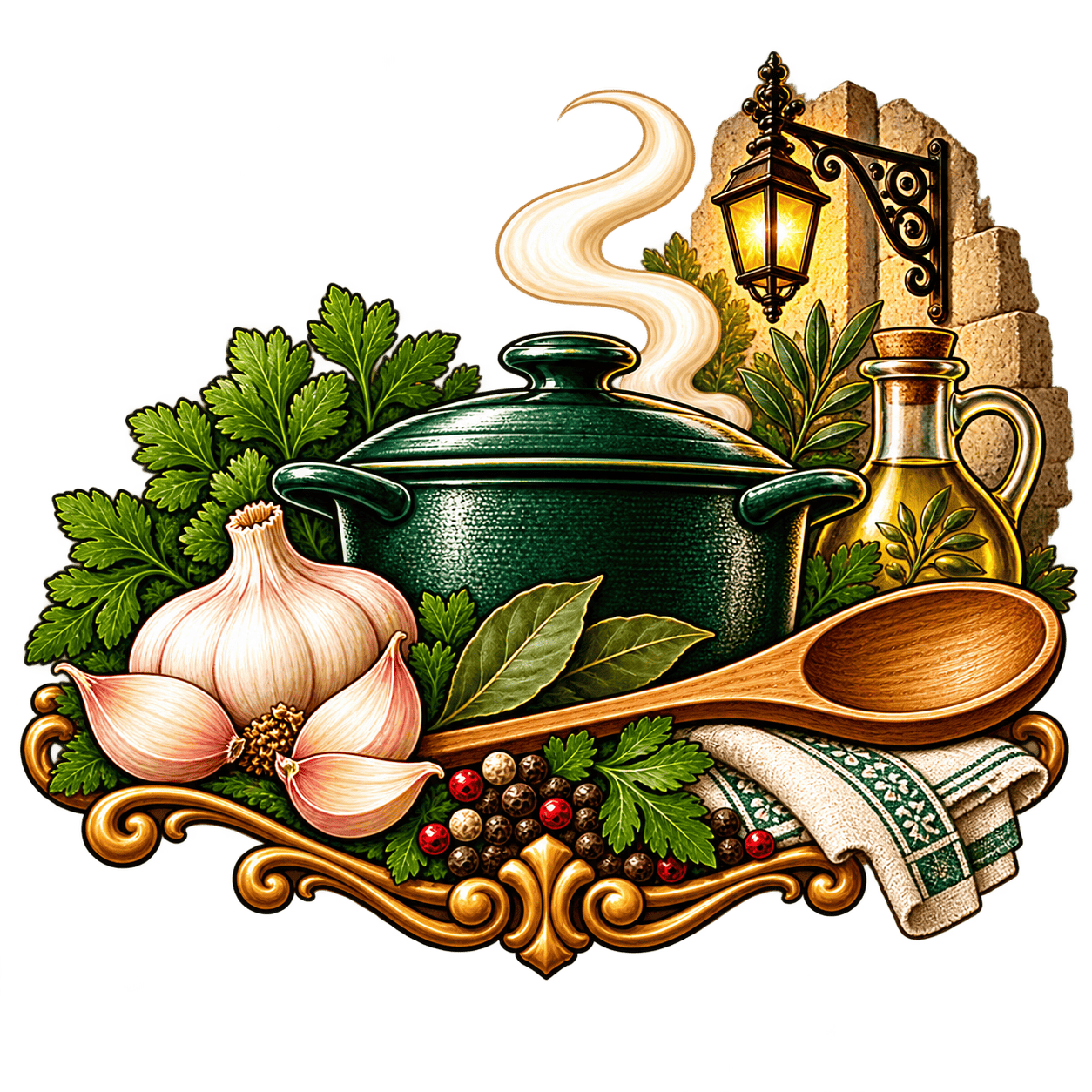 Ilustração de panela, colher e alho da Cozinha da Betesga