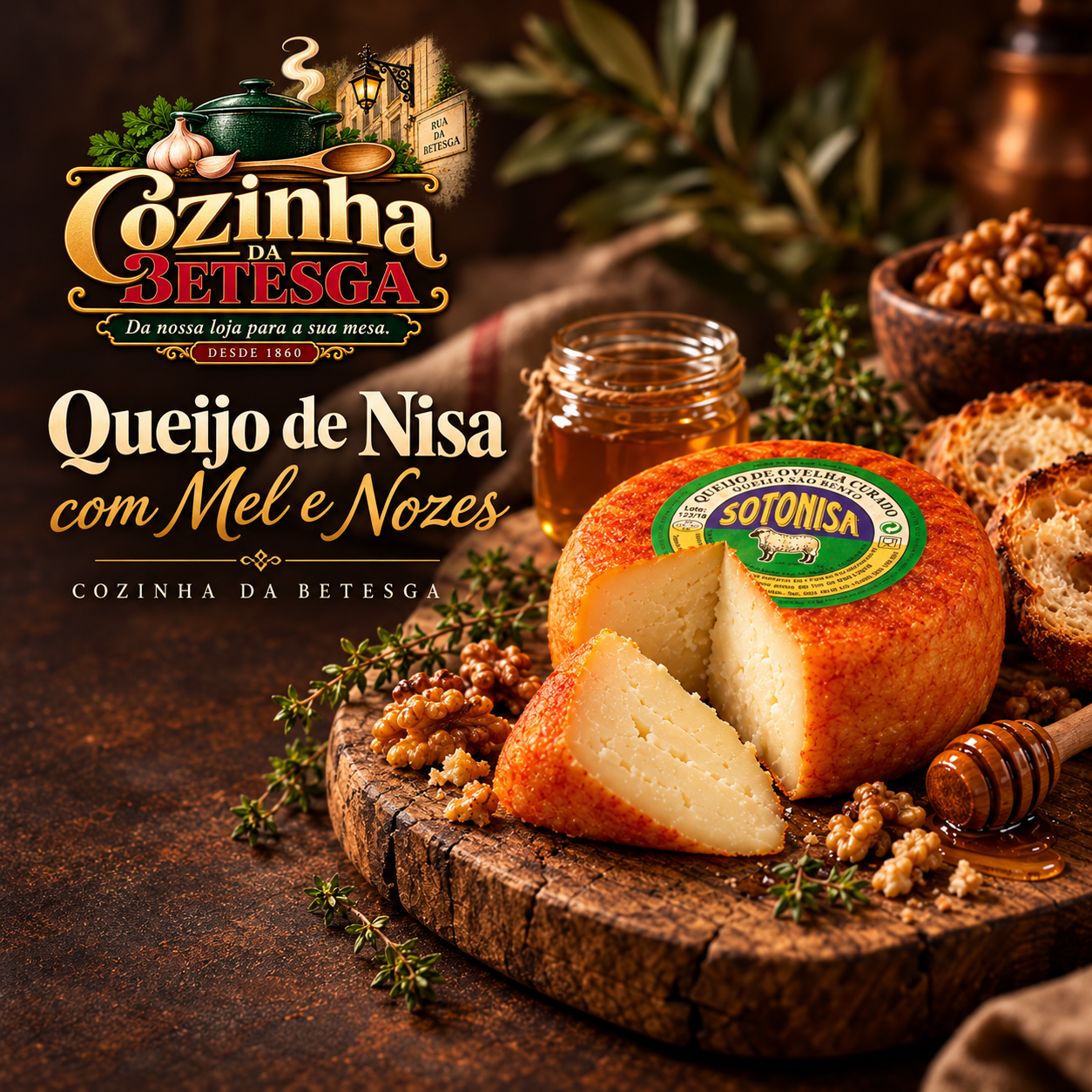 Nisa cheese with honey and walnuts in a rustic food presentation
